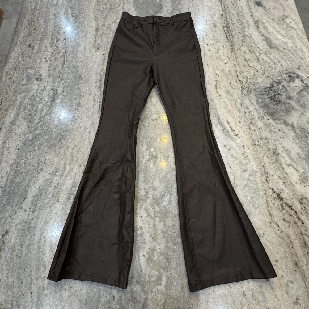 Shinestar Medium 26x29 Brown Faux Leather Flare Pants Festival Party Stretch
